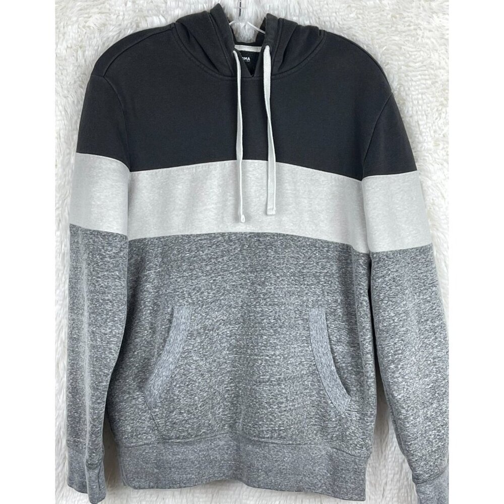 Sonoma Mens Medium Pullover Gray White Striped Hoodie Front Pouch Pocket